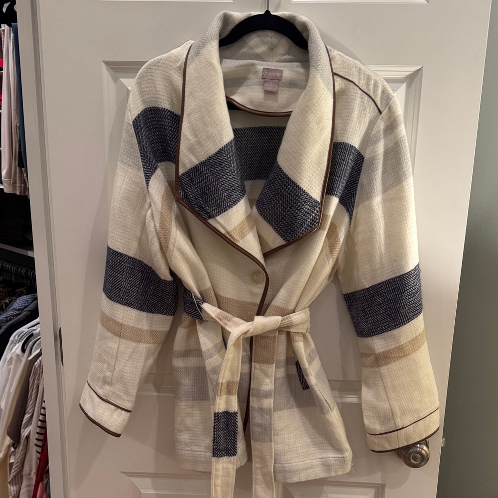 Chico's Cream and Navy Striped Jacket